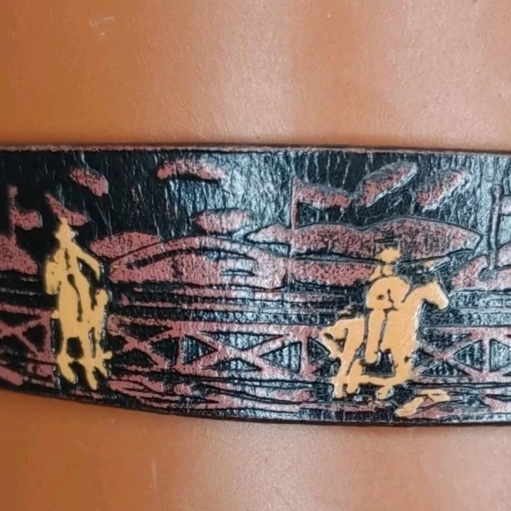 Nocona Rodeo Western Tooled Leather Belt Boys Sz 26 Silver Gold Bullrider Buckle